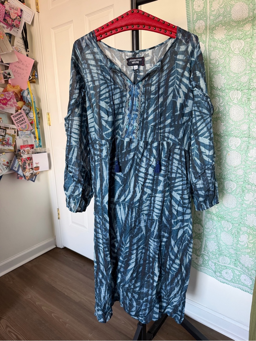 Johnny Was Blue Patterned Cotton Maxi Dress XL